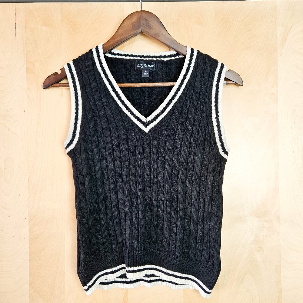 Say What Sleeveless Oversized Varsity Sweater Vest in black and white